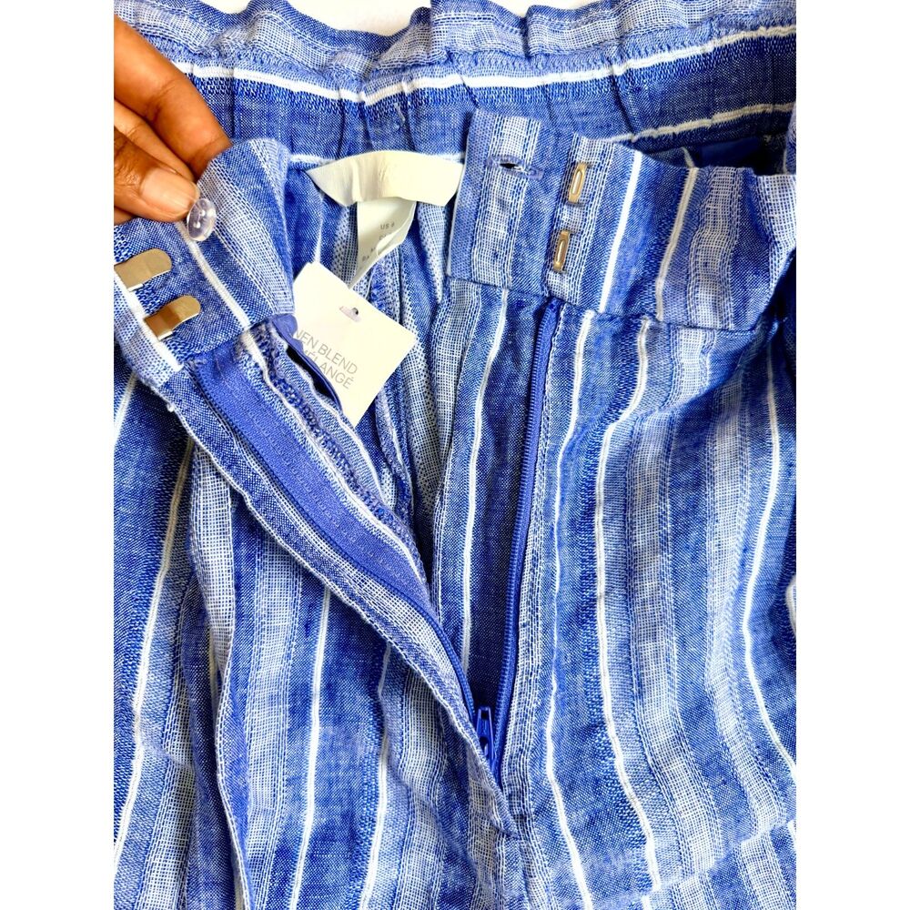 H&M Women’s Size 6 Blue White Striped Linen Blend Paperbag Belted Shorts - Picture 4 of 14